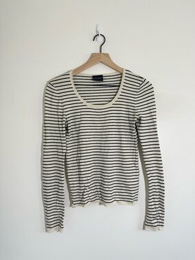 Striped Long-Sleeve Scoop Neck Top - Black & Cream *Faded and pilling!*